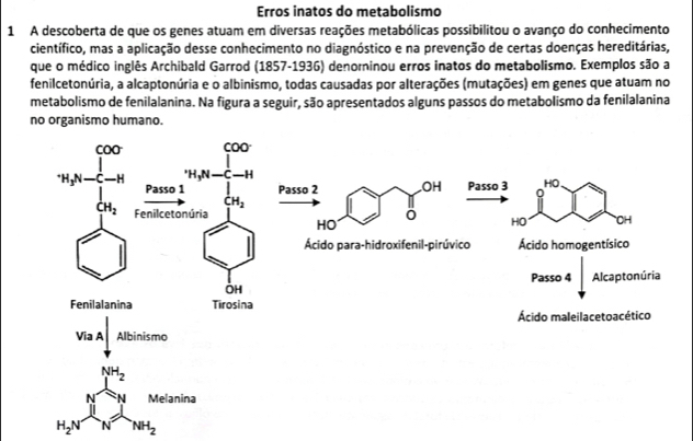 Erros inatos do metabolismo
1 A descoberta de que os genes atuam em diversas reações metabólicas possibilitou o avanço do conhecimento
científico, mas a aplicação desse conhecimento no diagnóstico e na prevenção de certas doenças hereditárias,
que o médico inglês Archibald Garrod (1857-1936) denorninou erros inatos do metabolismo. Exemplos são a
fenilcetonúria, a alcaptonúria e o albinismo, todas causadas por alterações (mutações) em genes que atuam no
metabolismo de fenilalanina. Na figura a seguir, são apresentados alguns passos do metabolismo da fenilalanina
no organismo humano.
H_2N^(frac NH_2) N^(N-Nendarray) 
^.NH_2