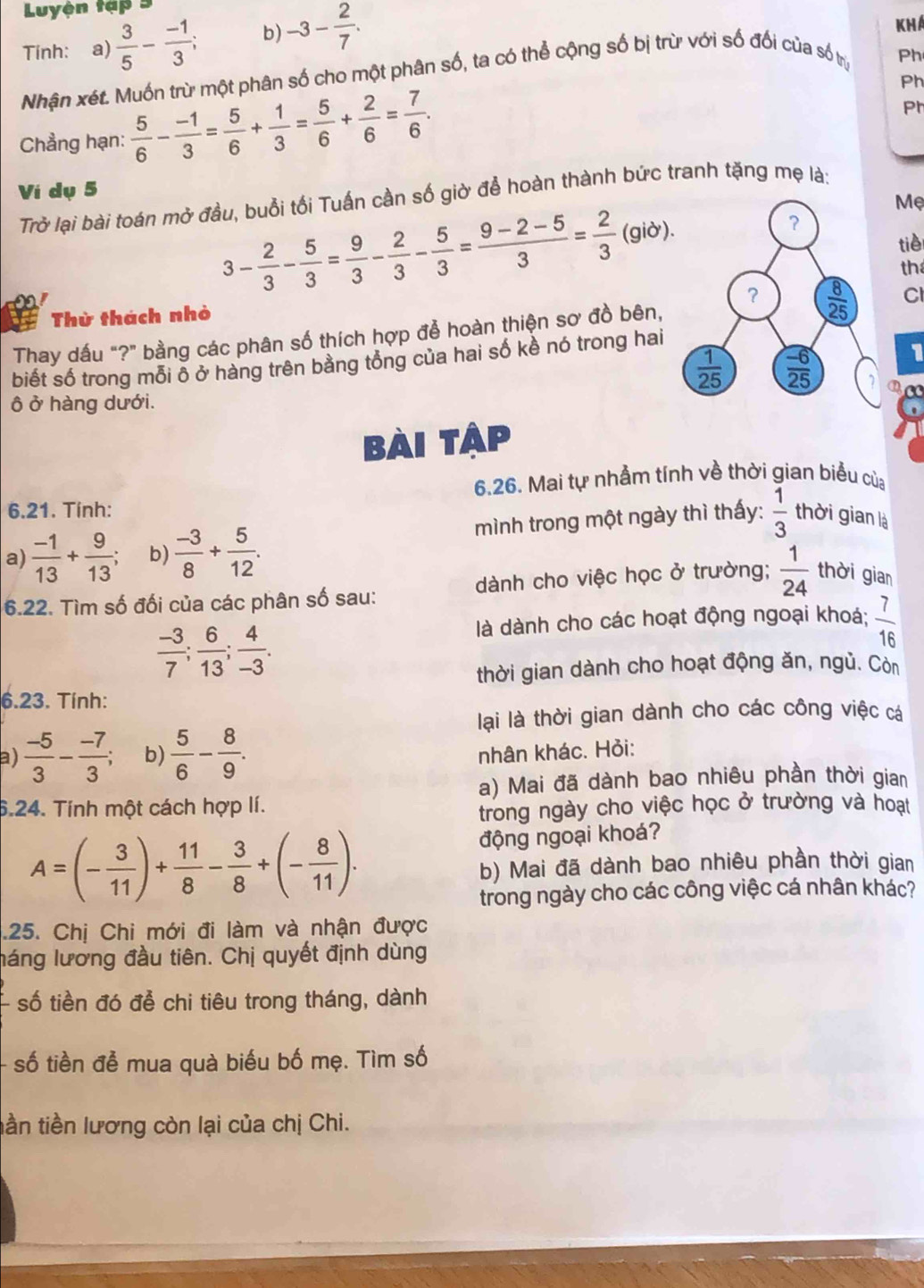 Luyện tạp 5
Tính: a)  3/5 - (-1)/3 ; b) -3- 2/7 .
kHA
Nhận xét. Muốn trừ một phân số cho một phân số, ta có thể cộng số bị trừ với số đối của số trị
Ph
Ph
Chẳng hạn:  5/6 - (-1)/3 = 5/6 + 1/3 = 5/6 + 2/6 = 7/6 .
Ph
Ví dụ 5
Trở lại bài toán mở đầu, buổi tối Tuấn cần số giờ để hoàn thành bức tranh tặng mẹ là:
Mẹ
tiè
3- 2/3 - 5/3 = 9/3 - 2/3 - 5/3 = (9-2-5)/3 = 2/3 (gib).
th
Thừ thách nhỏ
Thay dấu "?" bằng các phân số thích hợp đễ hoàn thiện sơ đồ bên, Cl
biết số trong mỗi δ ở hàng trên bằng tổng của hai số kề nó trong hai
1
ô ở hàng dưới.
Bài tập
6.26. Mai tự nhẫm tính về thời gian biểu của
6.21. Tính:
a)  (-1)/13 + 9/13 ; b)  (-3)/8 + 5/12 . mình trong một ngày thì thấy:  1/3  thời gian là
6.22. Tìm số đối của các phân số sau: dành cho việc học ở trường;  1/24  thời gian
 (-3)/7 ; 6/13 ; 4/-3 .
là dành cho các hoạt động ngoại khoá;  7/16 
thời gian dành cho hoạt động ăn, ngủ. Còn
6.23. Tính:
lại là thời gian dành cho các công việc cá
a)  (-5)/3 - (-7)/3 ; b)  5/6 - 8/9 . nhân khác. Hỏi:
a) Mai đã dành bao nhiêu phần thời gia
6.24. Tính một cách hợp lí.
trong ngày cho việc học ở trường và hoạt
A=(- 3/11 )+ 11/8 - 3/8 +(- 8/11 ).
động ngoại khoá?
b) Mai đã dành bao nhiêu phần thời gian
trong ngày cho các công việc cá nhân khác?
.25. Chị Chi mới đi làm và nhận được
háng lương đầu tiên. Chị quyết định dùng
số tiền đó để chi tiêu trong tháng, dành
- số tiền đễ mua quà biểu bố mẹ. Tìm số
tần tiền lương còn lại của chị Chi.