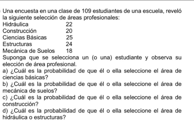 Una encuesta en una clase de 109 estudiantes de una escuela, reveló 
la siguiente selección de áreas profesionales: 
Hidráulica 22
Construcción 20
Ciencias Básicas 25
Estructuras 24
Mecánica de Suelos 18
Suponga que se selecciona un (o una) estudiante y observa su 
elección de área profesional. 
a) ¿Cuál es la probabilidad de que él o ella seleccione el área de 
ciencias básicas? 
b) ¿Cuál es la probabilidad de que él o ella seleccione el área de 
mecánica de suelos? 
c) ¿Cuál es la probabilidad de que él o ella seleccione el área de 
construcción? 
d) ¿Cuál es la probabilidad de que él o ella seleccione el área de 
hidráulica o estructuras?