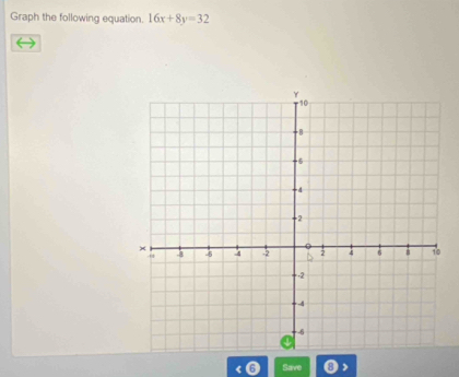 Graph the following equation. 16x+8y=32
Save