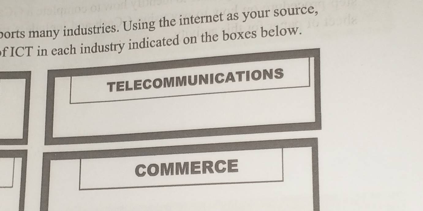 borts many industries. Using the internet as your source, 
f ICT in each industry indicated on the boxes below. 
TELECOMMUNICATIONS 
COMMERCE