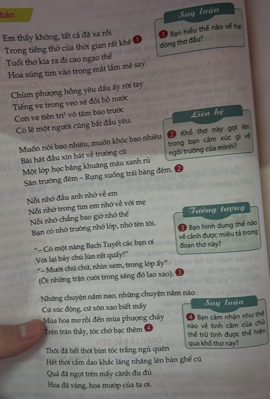 bản
Suy luận
Em thấy không, tất cả đã xa rồi
1 Bạn hiểu thế nào về hai
Trong tiếng thỏ của thời gian rất khē 1
dòng thơ đấu?
Tuổi thơ kia ra đi cao ngạo thế
Hoa súng tím vào trong mắt lắm mê say.
Chùm phượng hồng yêu dấu ấy rời tay
Tiếng ve trong veo xé đôi hồ nước
Con ve tiên tri¹ vô tâm báo trước
Có lẽ một người cũng bắt đầu yêu. Liên hệ
Muốn nói bao nhiêu, muốn khóc bao nhiêu 2 Khổ thơ này gợi lên
trong bạn cảm xúc gì về
Bài hát đầu xin hát về trường cũ
ngôi trường của mình?
Một lớp học bâng khuâng màu xanh rủ
Sân trường đêm - Rụng xuống trái bàng đêm.
Nỗi nhớ đầu anh nhớ về em
Nỗi nhớ trong tim em nhớ về với mẹ
Nỗi nhớ chẳng bao giờ nhớ thế Tưởng tượng
B Bạn hình dung thế nào
Bạn có nhớ trường nhớ lớp, nhớ tên tôi.
về cảnh được miêu tả trong
' - Có một nàng Bạch Tuyết các bạn oi đoạn thơ này?
Với lại bảy chú lùn rất quấy!"
“- Mười chú chú, nhìn xem, trong lớp ấy”
(Ôi những trận cười trong sáng đó lao xao).
Những chuyện năm nao, những chuyện năm nào
Cú xúc động, cứ xôn xao biết mấy Suy luận
Mùa hoa mơ rồi đến mùa phượng cháy 4 Bạn cảm nhận như thế
Trên trán thầy, tóc chớ bạc thêm nào về tình cảm của chủ
thể trữ tình được thể hiện
qua khổ thơ này?
Thôi đã hết thời bím tóc trắng ngủ quên
Hết thời cảm dao khắc lăng nhăng lên bàn ghế cũ
Quả đã ngọt trên mấy cành đu đủ
Hoa đã vàng, hoa mướp của ta ơi.