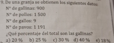 De una granja se obtienen los siguientes datos:
N° de gallinas: 900
N° de pollos: 1 500
N° de gallos: 9
N° de pavos: 1 191
¿Qué porcentaje del total son las gallinas?
a) 20 % b) 25 % c) 30 % d) 40 % e) 18 %