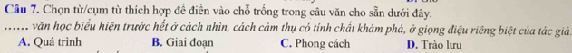 Chọn từ/cụm từ thích hợp để điền vào chỗ trống trong câu văn cho sẵn dưới đây.
_ v văn học biểu hiện trước hết ở cách nhìn, cách cảm thụ có tính chất khám phá, ở giọng điệu riêng biệt của tác giả.
A. Quá trình B. Giai đoạn C. Phong cách D. Trào lưu