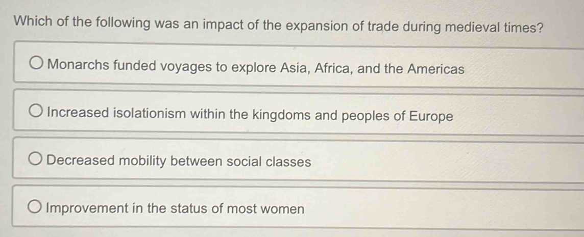 Solved: Which of the following was an impact of the expansion of trade ...