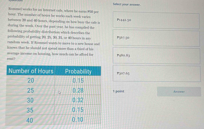 Question Select your answer.
Rommel works for an Internet cafe, where he earns P50 per
hour. The number of hours he works each week varies
between 20 and 40 hours, depending on how busy the cafe is P1442.50
during the week. Over the past year, he has compiled the
following probability distribution which describes the
probability of getting 20, 25, 30, 35, or 40 hours in any P567.5°
random week. If Rommel wants to move to a new house and
knows that he should not spend more than a third of his
average income on housing, how much can he afford for u 480.83
rent?
P307.65
1 point Answer