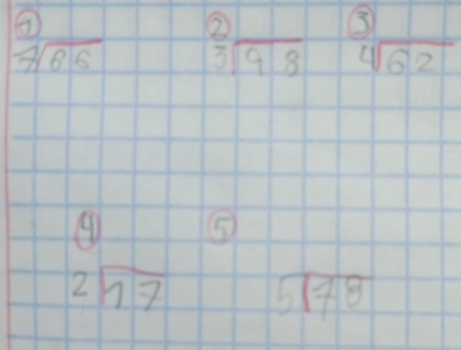 2
3 6
sqrt[7](66)
beginarrayr 3encloselongdiv 98endarray beginarrayr 4sqrt[4](62)endarray
④ 
⑤
beginarrayr 2encloselongdiv 17endarray
beginarrayr 578