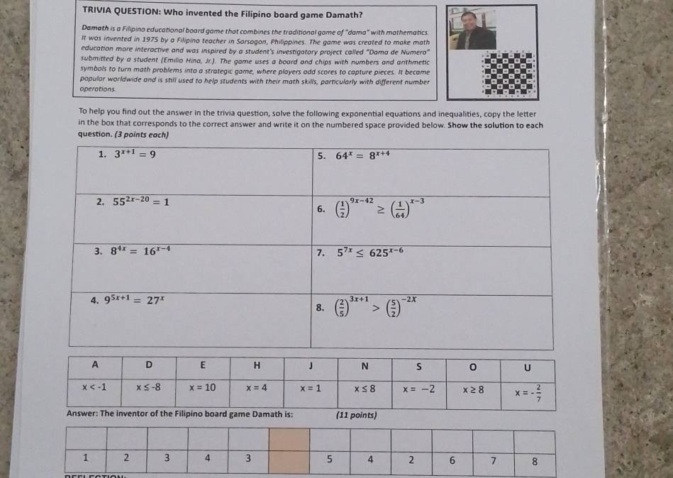 Solved: TRIVIA QUESTION: Who invented the Filipino board game Damath ...