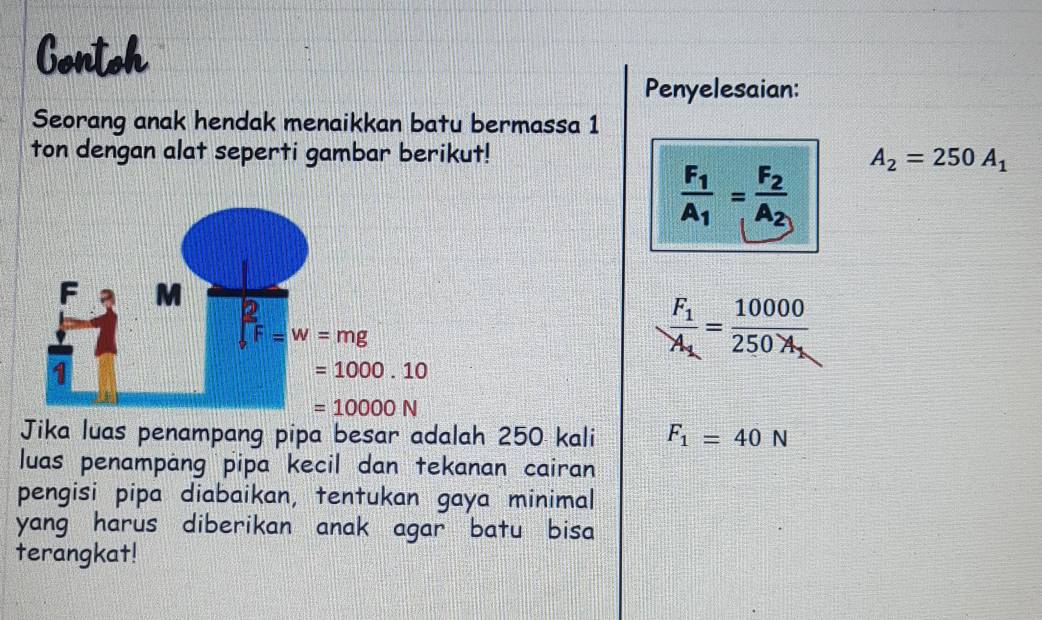 Gontoh
Penyelesaian:
Seorang anak hendak menaikkan batu bermassa 1
ton dengan alat seperti gambar berikut! A_2=250A_1
frac F_1A_1=frac F_2A_2
frac F_1A_1=frac 10000250A_1
=1000.10
Jika luas penampang pipa besar adalah 250 kali F_1=40N
luas penampäng pipa kecil dan tekanan cairan
pengisi pipa diabaikan, tentukan gaya minimal
yang harus diberikan anak agar batu bisa
terangkat!