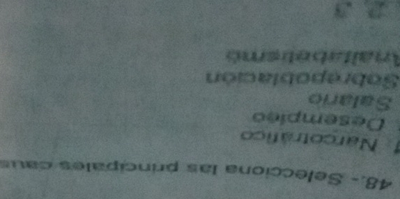 48.- Selecciona las principales caus
: Narcotráfico
Desempieo
Salario
Sobrepoblación
Analtabetismó
2 3
