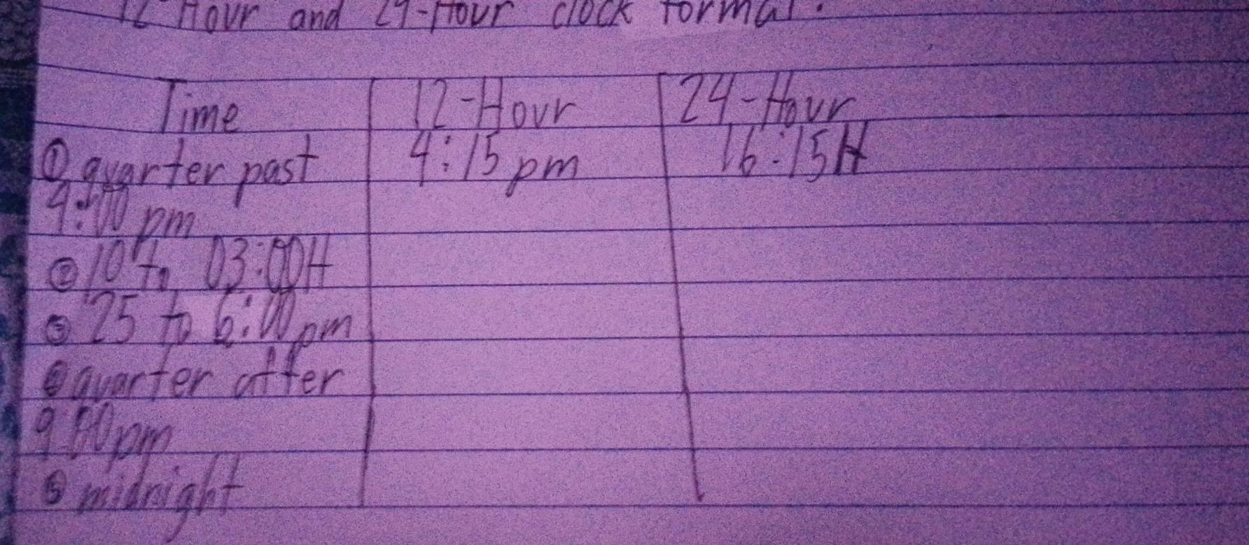 nour and L1-Hour clock formal. 
Time - Hour 24-Hovr 
1 
⑥ quarter past 4:15 pm 
16:15H 
9:0 pm
10% 03:00H
75 t0 6:10 om 
qvarter after 
900pm 
midnight