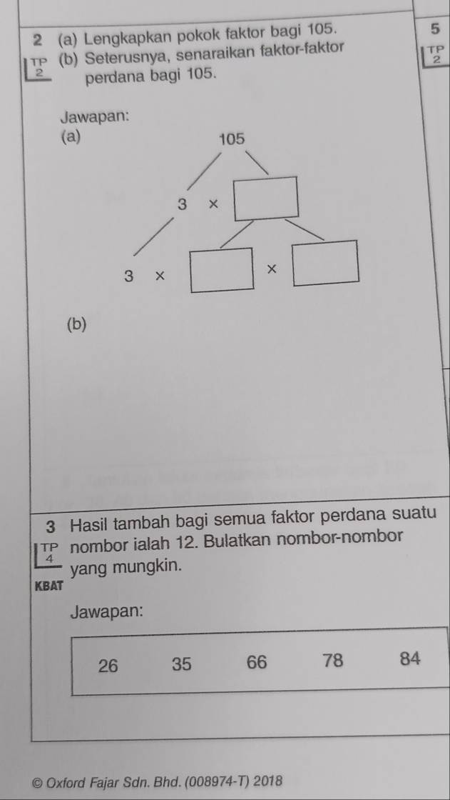 2 (a) Lengkapkan pokok faktor bagi 105.
5
TP (b) Seterusnya, senaraikan faktor-faktor
2 p
2
2 perdana bagi 105.
Jawapan:
(a)
(b)
3 Hasil tambah bagi semua faktor perdana suatu
beginarrayr 11 4endarray nombor ialah 12. Bulatkan nombor-nombor
yang mungkin.
KBAT
Jawapan:
26 35 66 78 84
Oxford Fajar Sdn. Bhd. (008974-T) 2018