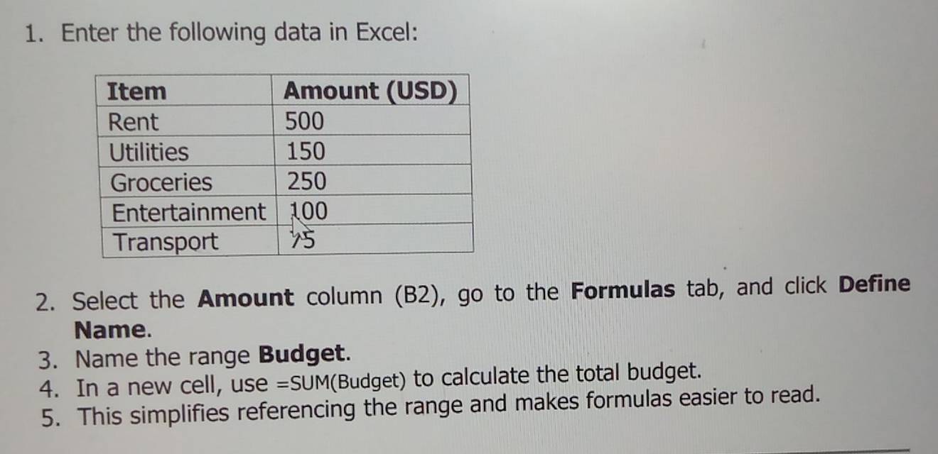 Enter the following data in Excel: 
2. Select the Amount column (B2), go to the Formulas tab, and click Define 
Name. 
3. Name the range Budget. 
4. In a new cell, use =SUM(Budget) to calculate the total budget. 
5. This simplifies referencing the range and makes formulas easier to read.