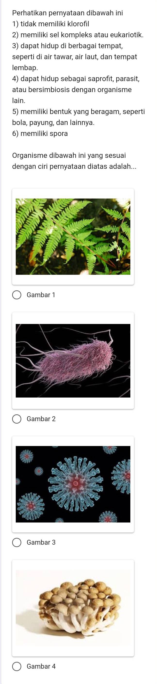 Perhatikan pernyataan dibawah ini
1) tidak memiliki klorofil
2) memiliki sel kompleks atau eukariotik.
3) dapat hidup di berbagai tempat,
seperti di air tawar, air laut, dan tempat
lembap.
4) dapat hidup sebagai saprofit, parasit,
atau bersimbiosis dengan organisme
lain.
5) memiliki bentuk yang beragam, seperti
bola, payung, dan lainnya.
6) memiliki spora
Organisme dibawah ini yang sesuai
dengan ciri pernyataan diatas adalah...
Gambar 1
Gambar 2
Gambar 3
Gambar 4