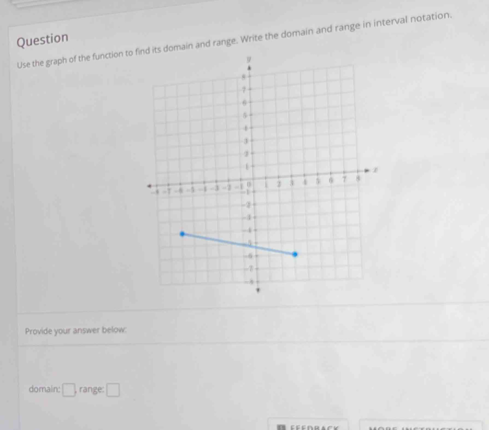 Question 
Use the graph of the function to fain and range. Write the domain and range in interval notation. 
Provide your answer below: 
domain: □. range: □