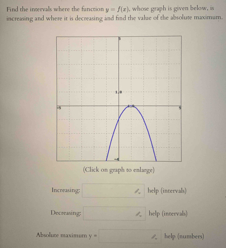 Find the intervals where the function y=f(x) , whose graph is given below, is 
increasing and where it is decreasing and find the value of the absolute maximum. 
(Click on graph to enlarge) 
Increasing: □ help (intervals) 
Decreasing: □ help (intervals) 
Absolute maximum y=□ help (numbers)