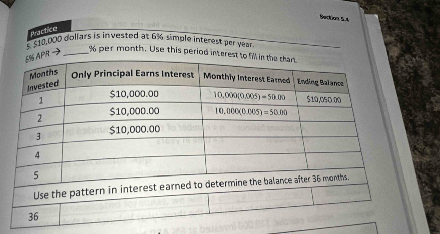 Practice
5. $10,000 dollars is invested at 6% simple interest per year.
% per month. Use this period