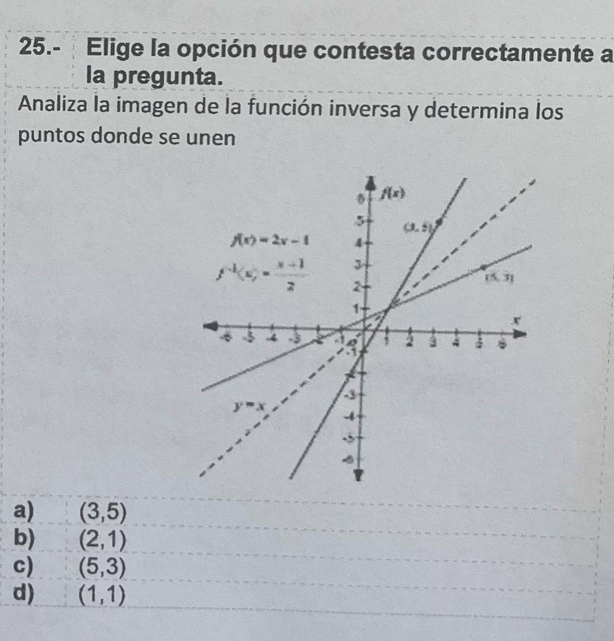 25.- Elige la opción que contesta correctamente a
la pregunta.
Analiza la imagen de la función inversa y determina los
puntos donde se unen
a) (3,5)
b) (2,1)
c) (5,3)
d) (1,1)