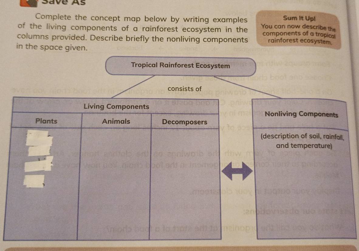 Save As 
Complete the concept map below by writing examples 
Sum It Upi 
of the living components of a rainforest ecosystem in the You can now describe the 
components of a tropical 
columns provided. Describe briefly the nonliving components rainforest ecosystem. 
in the space given. 
Tropical Rainforest Ecosystem 
Nonliving Components 
(description of soil, rainfall, 
and temperature)