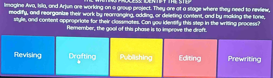 TING PROCESS:IDENTIPY THE STEP 
Imagine Ava, Isla, and Arjun are working on a group project. They are at a stage where they need to review,
modify, and reorganize their work by rearranging, adding, or deleting content, and by making the tone,
style, and content appropriate for their classmates. Can you identify this step in the writing process?
Remember, the goal of this phase is to improve the draft.
Revising Drafting Publishing Editing Prewriting
a