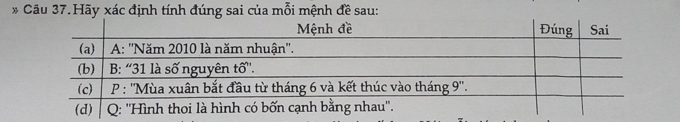 Câu 37.Hãy xác định tính đúng sai của mỗi mệnh đề sau: