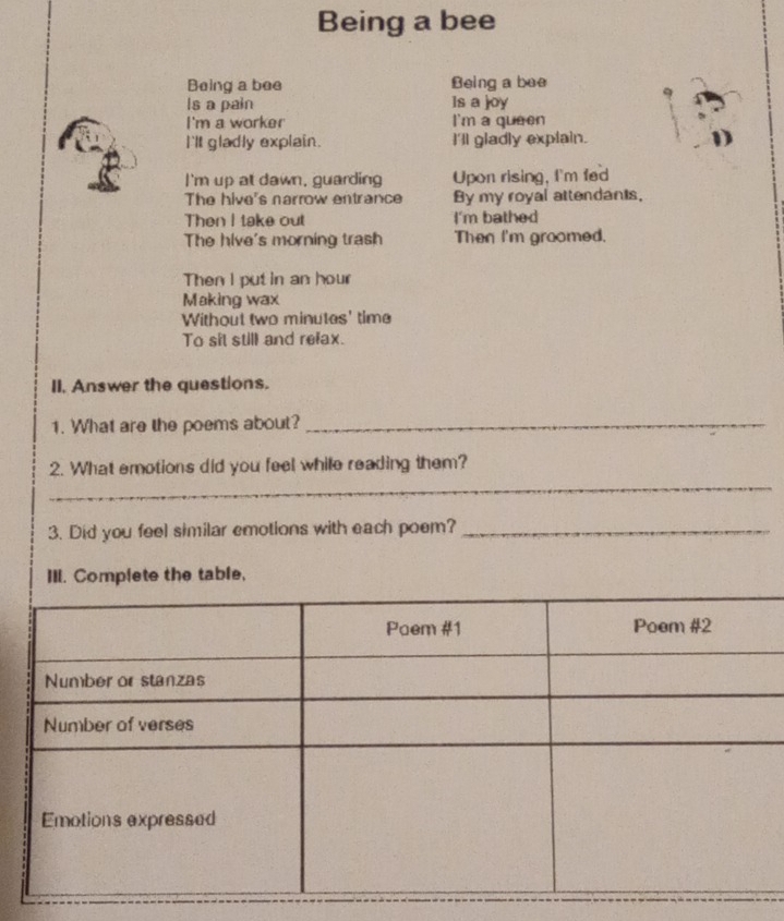 Being a bee 
Being a bee Being a bee 
Is a pain Is a joy 
I'm a worker I'm a queen 
I'lt gladly explain. I'll gladly explain. 
I'm up at dawn, guarding Upon rising, I'm fed 
The hive's narrow entrance By my royal attendants, 
Then I take out I'm bathed 
The hive's morning trash Then I'm groomed. 
Then I put in an hour 
Making wax 
Without two minutes' time 
To sit still and refax. 
II. Answer the questions. 
1. What are the poems about?_ 
_ 
2. What emotions did you feel while reading them? 
3. Did you feel similar emotions with each poem?_ 
IIl. Complete the table,