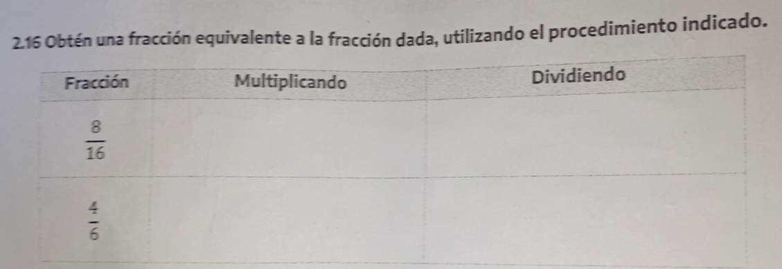 2.16 Obtén una fracción equivalente a la fracción dada, utilizando el procedimiento indicado.