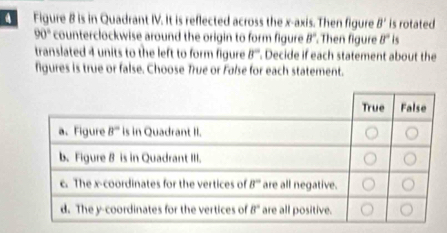 a Figure 8 is in Quadrant IV. It is reflected across the x-axis. Then figure B' is rotated
90° counterclockwise around the origin to form figure B° Then figure 8° is
translated 4 units to the left to form figure B°. Decide if each statement about the
figures is true or false. Choose True or False for each statement.