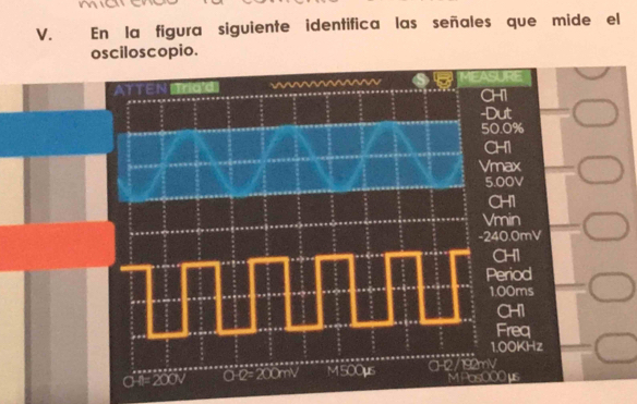 En la figura siguiente identifica las señales que mide el 
osciloscopio.