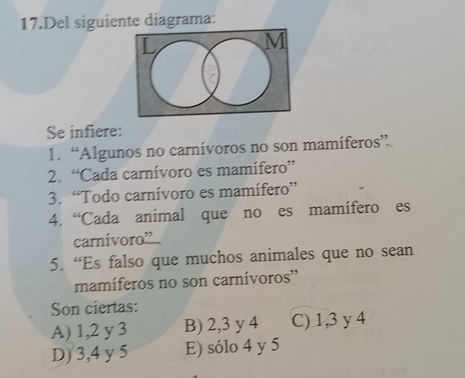 Del siguiente diagrama:
Se infiere:
1. “Algunos no carnívoros no son mamíferos”
2. “Cada carnívoro es mamífero”
3. “Todo carnívoro es mamífero”
4. “Cada animal que no es mamífero es
carnívoro''
5. “Es falso que muchos animales que no sean
mamíferos no son carnívoros''
Son ciertas:
A) 1, 2 y 3 B) 2, 3 y 4 C) 1, 3 y 4
D) 3, 4 y 5 E) sólo 4 y 5