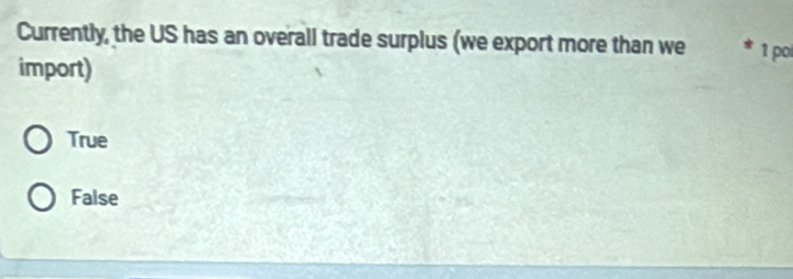 Currently, the US has an overall trade surplus (we export more than we * 1 poi
import)
True
False