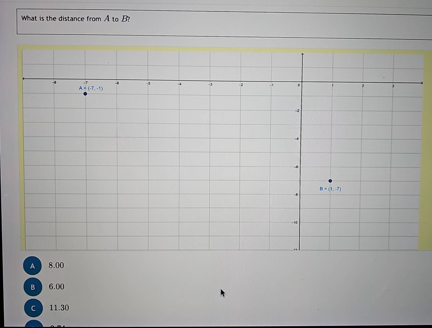 What is the distance from A to B?
A  8.00
B  6.00
C  11.30