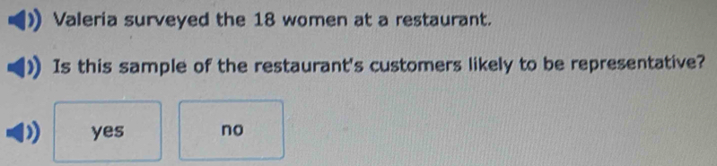 Valeria surveyed the 18 women at a restaurant.
Is this sample of the restaurant's customers likely to be representative?
yes no