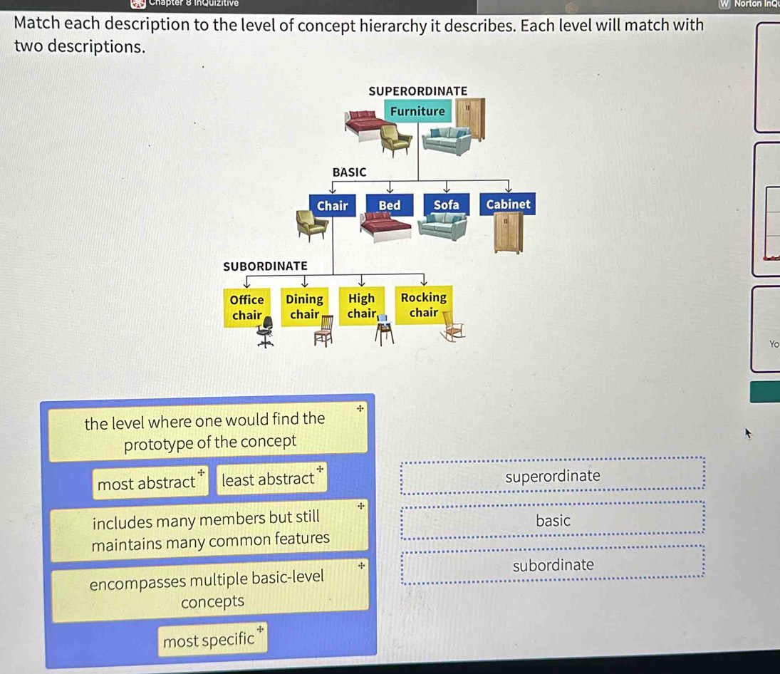 bg Chapter 8 inquizitive W Norton InQ
Match each description to the level of concept hierarchy it describes. Each level will match with
two descriptions.
Yo
the level where one would find the
prototype of the concept
most abstract least abstract superordinate
includes many members but still basic
maintains many common features
subordinate
encompasses multiple basic-level
concepts
most specific