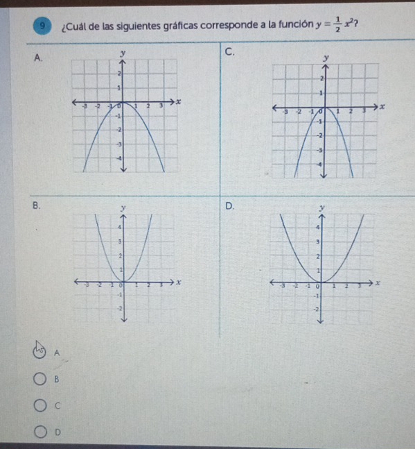 9 ¿Cuál de las siguientes gráficas corresponde a la función y= 1/2 x^2 ?
A.
C.
B.
D.
A
B
C
D