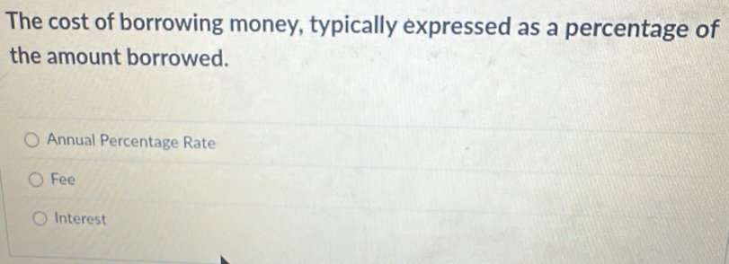 The cost of borrowing money, typically expressed as a percentage of
the amount borrowed.
Annual Percentage Rate
Fee
Interest