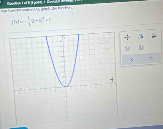 Question Altempe 1 0 1 
Use transformations to graph the function.
f(x)=- 1/3 (x+4)^2+7
× 5