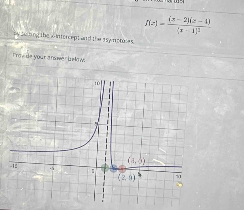 f(x)=frac (x-2)(x-4)(x-1)^2
by setting the x-intercept and the asymptotes.
Provide your answer below: