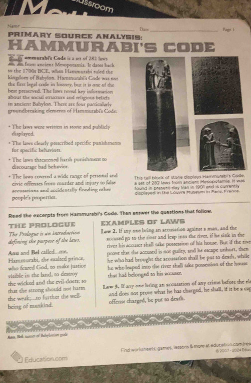 ussroom
Name _Dute _Page b
PRIMARY SOURCE ANALYSIS;
HAMMURABI'S CODE
ammurabi's Code is a set of 282 laws
as as from ancient Mesopotamia. It dates back
to the 1700s BCE, when Hammurabi ruled the
kingdom of Babylon. Hammurabi's Code was nor
the first legal code in history, but it is one of the
best preserved. The laws reveal key information
about the social structure and religious beliefs
in ancient Babylon. There are four particularly
groundbreaking elements of Hammurabi's Code:
The laws were written in stone and publicly
displayed.
* The laws clearly prescribed specific punishments
for specific behaviors.
* The laws threatened harsh punishment to
discourage bad behavior.
The laws covered a wide range of personal and This tall block of stone displays Ha
civic offenses from murder and injury to false a set of 282 laws from ancient Mesopotamia. It was
accusations and accidentally flooding other found in present-day Iran in 1901 and is currently
people's properties. displayed in the Louvre Museum in Paris, France
Read the excerpts from Hammurabi's Code. Then answer the questions that follow.
THE PROLOGUE EXAMPLES OF LAWS
The Prologue is an introduction Law 2. If any one bring an accusation against a man, and the
defining the purpose of the laws. accused go to the river and leap into the river, if he sink in the
Anu and Bel called...me, river his accuser shall take possession of his house. But if the rive
Hammurabi, the exalted prince, prove that the accused is not guilty, and he escape unhurt, then
who feared God, to make justice he who had brought the accusation shall be put to death, while
visible in the land, to destroy he who leaped into the river shall take possession of the house
the wicked and the evil-doers; so that had belonged to his accuser.
that the strong should not harm Law 3. If any one bring an accusation of any crime before the el
the weak;...to further the well- and does not prove what he has charged, he shall, if it be a cas
being of mankind. offense charged, be put to death.
Anes, Bel: namer of Batrylumian pols
Find worksheets, games, lessons & more at education.com/res
Education.com © 2007 - 2024 Edu