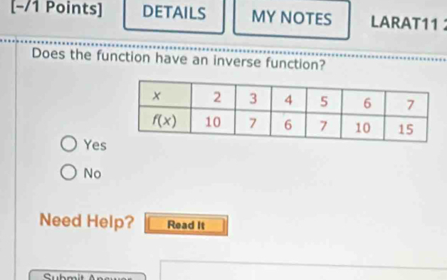 [−/1 Points] DETAILS MY NOTES LARAT11 
Does the function have an inverse function?
Yes
No
Need Help? Read It