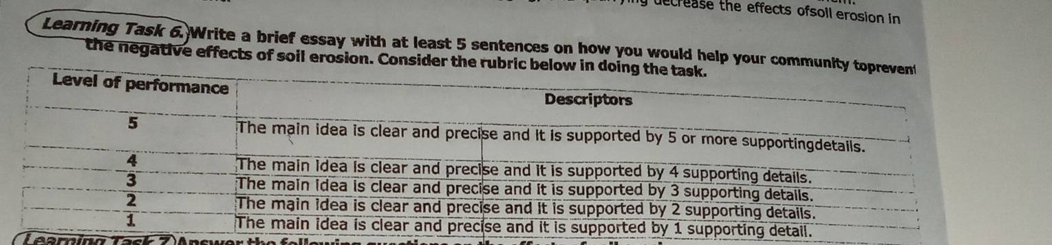 decrease the effects ofsoll erosion in 
Learning Task 6. Write a brief essay with at least 5 sentences on how you would help your comm 
the negative effects of soil erosion. Consider th