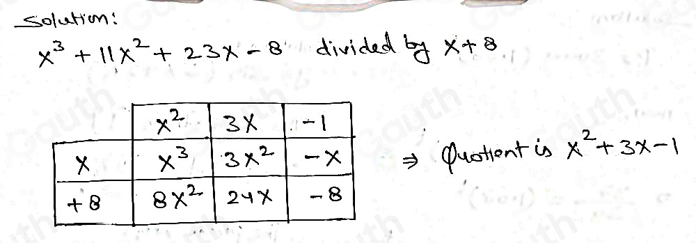 solurion:
x^3+11x^2+23x-8 divided by x+8
=> Duotiont is x^2+3x-1
Table 1: []