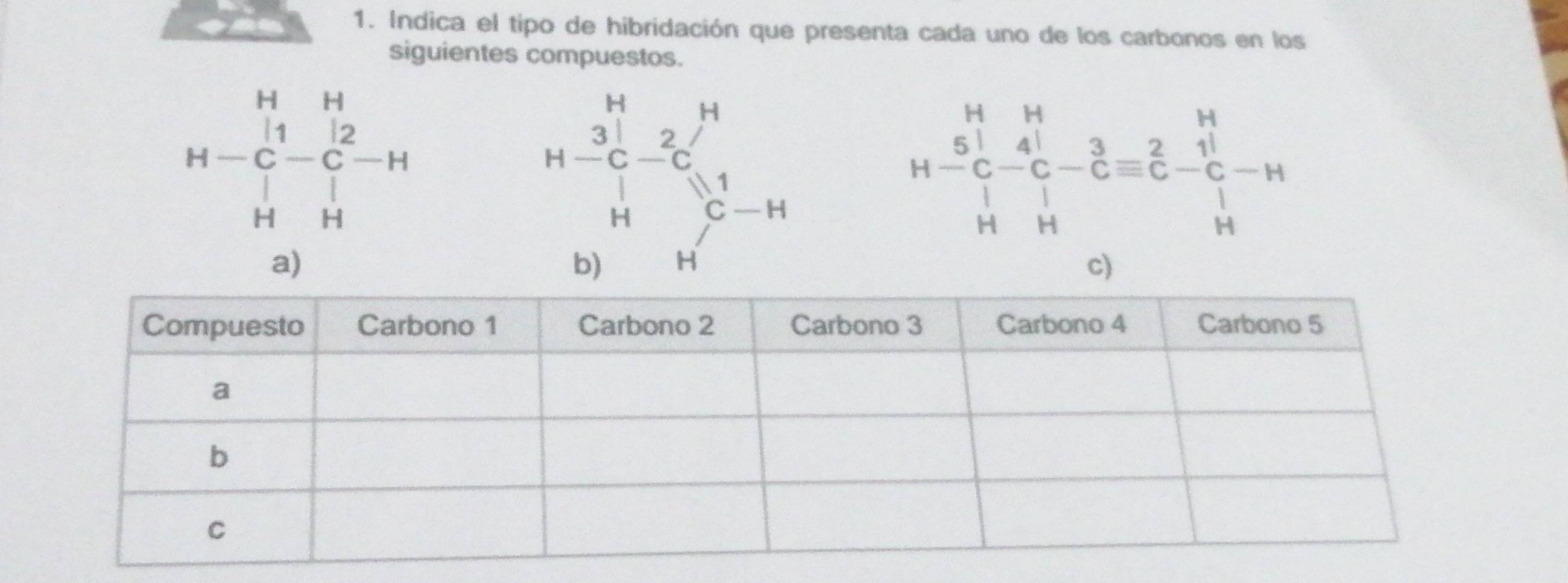 Indica el tipo de hibridación que presenta cada uno de los carbonos en los
siguientes compuestos.
H=beginvmatrix H&H&H_2 C_c^2-1 H&H&H H
H=H-beginarrayr H_C^((endarray) 4beginarray)r H Cendarray endarray H&C'- 3/C equiv C^2-beginarrayr H C H
c)