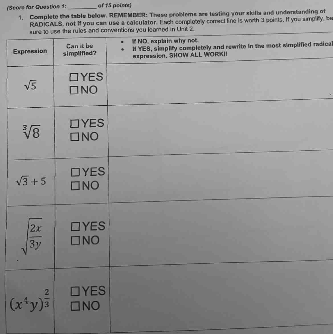 (Score for Question 1: _of 15 points)
1. Complete the table below. REMEMBER: These problems are testing your skills and understanding of
RADICALS, not if you can use a calculator. Each completely correct line is worth 3 points. If you simplify, be
sure to use the rules and conventions you learned in Unit 2.
adical
E