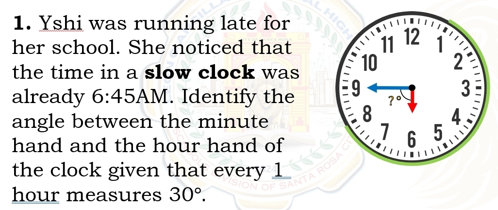 Yshi was running late for 
her school. She noticed that 
the time in a slow clock was 
already 6:4 5AM. Identify the 
angle between the minute
hand and the hour hand of 
the clock given that every 1
hour measures 30°.