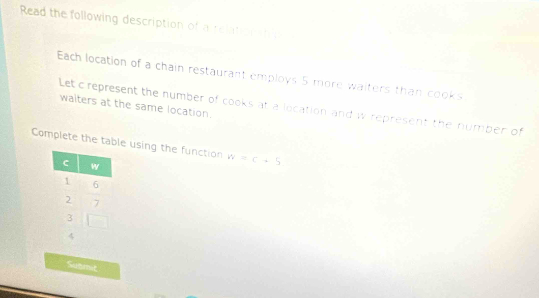 Read the following description of a relation ti 
Each location of a chain restaurant employs 5 more waiters than cooks. 
walters at the same location. 
Let crepresent the number of cooks at a location and wirepresent the number of 
Complete the table using the function w=c+5. 
Submit