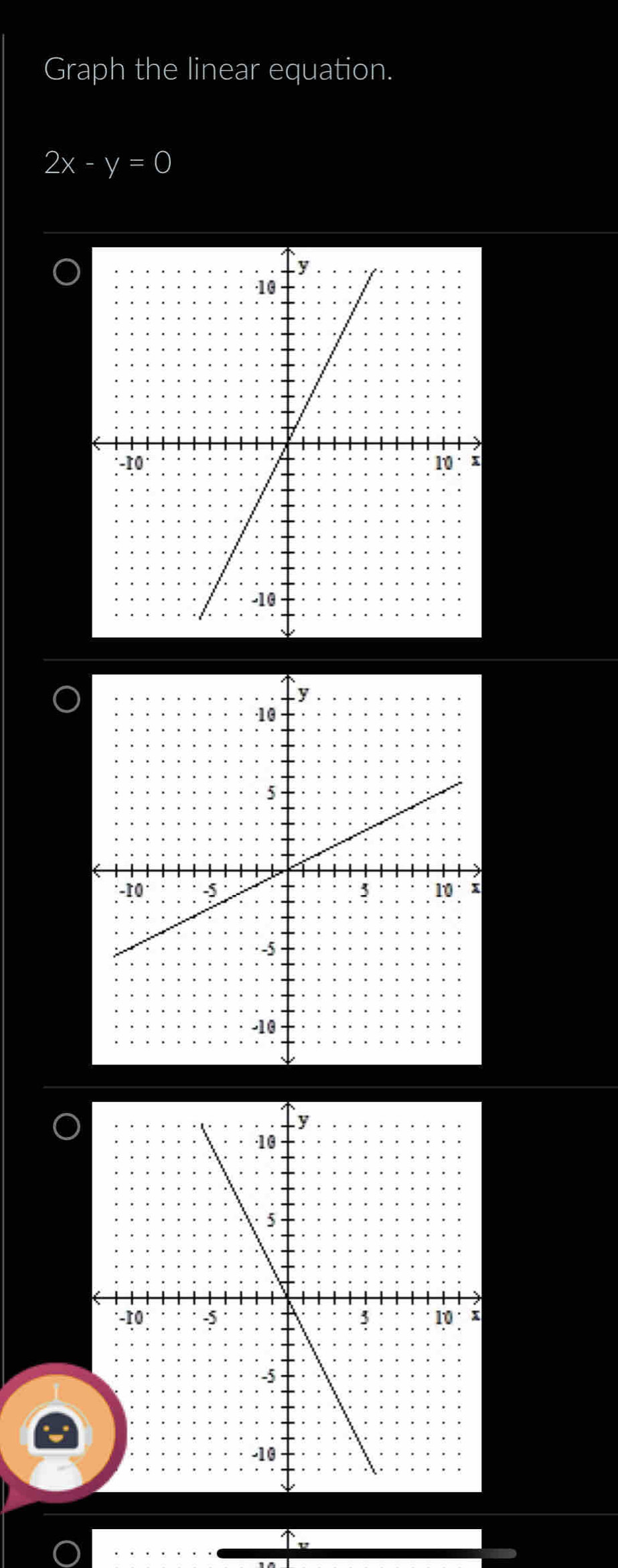 Graph the linear equation.
2x-y=0