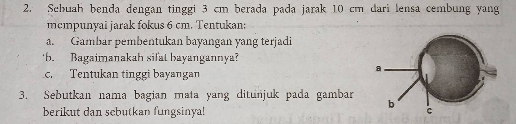 Sebuah benda dengan tinggi 3 cm berada pada jarak 10 cm dari lensa cembung yang 
mempunyai jarak fokus 6 cm. Tentukan: 
a. Gambar pembentukan bayangan yang terjadi 
b. Bagaimanakah sifat bayangannya? 
c. Tentukan tinggi bayangan 
3. Sebutkan nama bagian mata yang ditunjuk pada gambar 
berikut dan sebutkan fungsinya!