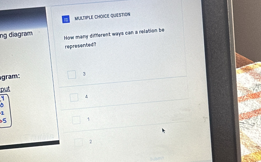 QUESTION 
ng diagram 
How many different ways can a relation be 
represented? 
gram:
3
put 
A
2
5
1
2
Submit