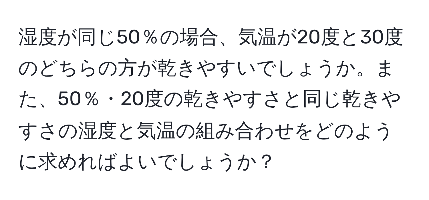 湿度が同じ50％の場合、気温が20度と30度のどちらの方が乾きやすいでしょうか。また、50％・20度の乾きやすさと同じ乾きやすさの湿度と気温の組み合わせをどのように求めればよいでしょうか？